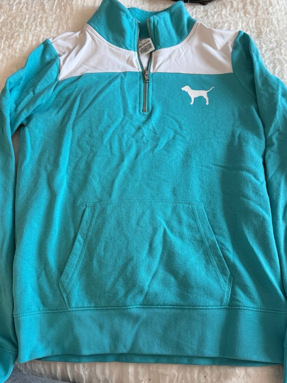 Victoria's Secret Teal and White Half-Zip Pullover with Dog Logo